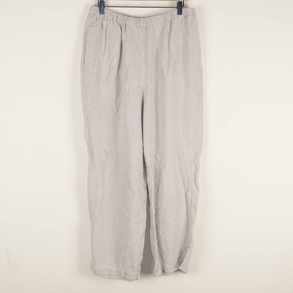 Flax Natural Beige Flowing Elastic Waist Straight Leg 100% Linen Pants Womens L